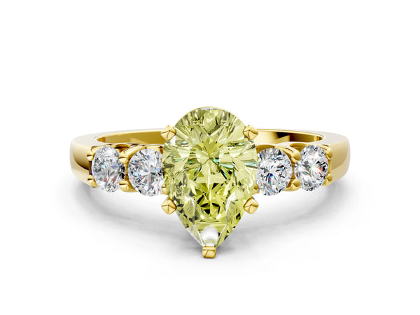 Yellow gold Fancy Yellow Pear Cut Brilliant Diamond Five-Stone Engagement Ring with Prong Setting on a Classic Band