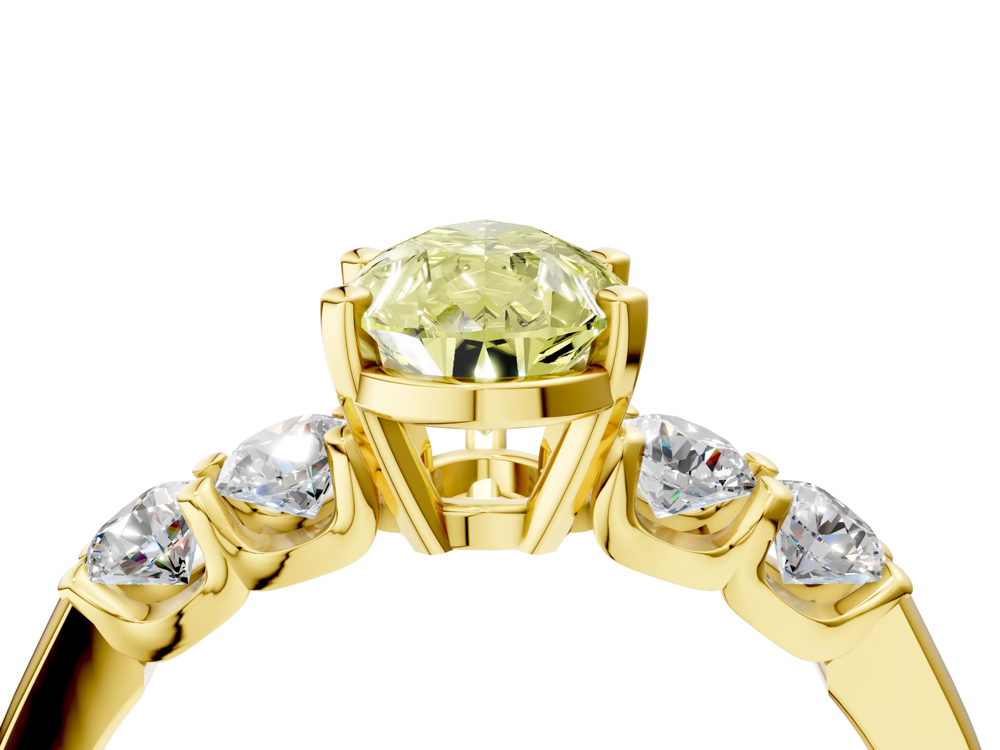 Yellow gold Fancy Yellow Pear Cut Brilliant Diamond Five-Stone Engagement Ring with Prong Setting on a Classic Band_7