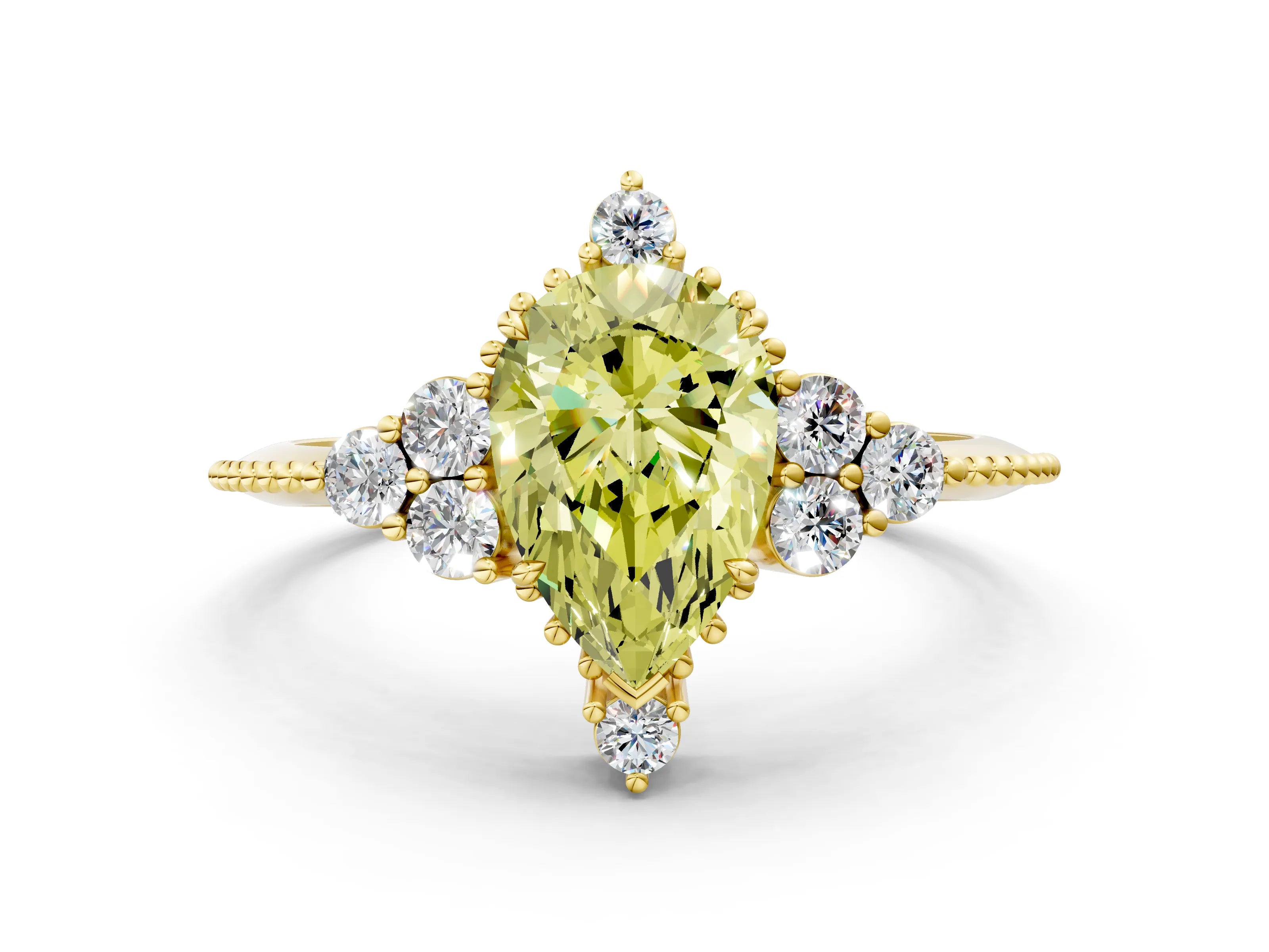 Yellow gold Fancy Yellow Pear Cut Brilliant Diamond with Cluster Setting on a Beaded Band and Four-Prong Setting