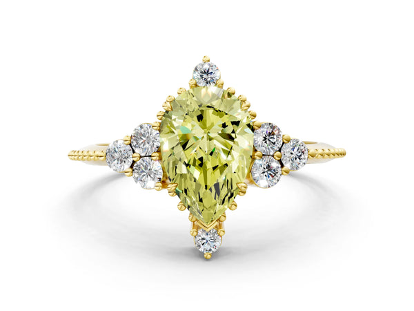 Yellow gold Fancy Yellow Pear Cut Brilliant Diamond with Cluster Setting on a Beaded Band and Four-Prong Setting