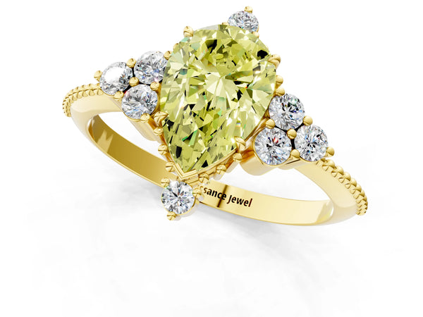 Yellow gold Fancy Yellow Pear Cut Brilliant Diamond with Cluster Setting on a Beaded Band and Four-Prong Setting