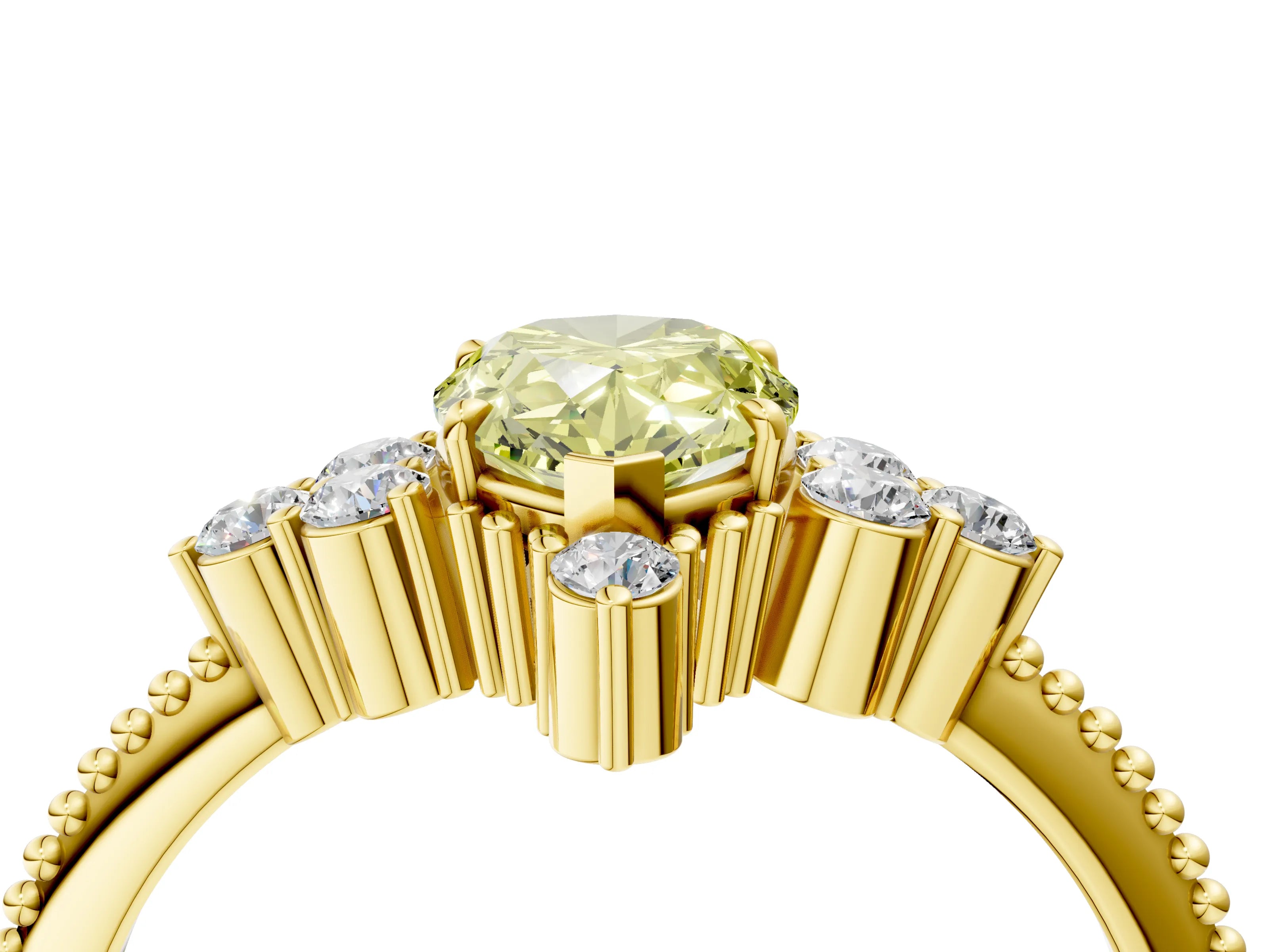 Yellow gold Fancy Yellow Pear Cut Brilliant Diamond with Cluster Setting on a Beaded Band and Four-Prong Setting_4