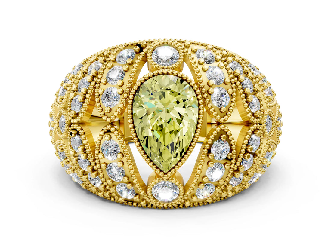 Yellow gold Fancy Yellow Pear Cut Brilliant Halo Pave Diamond Milgrain Ring