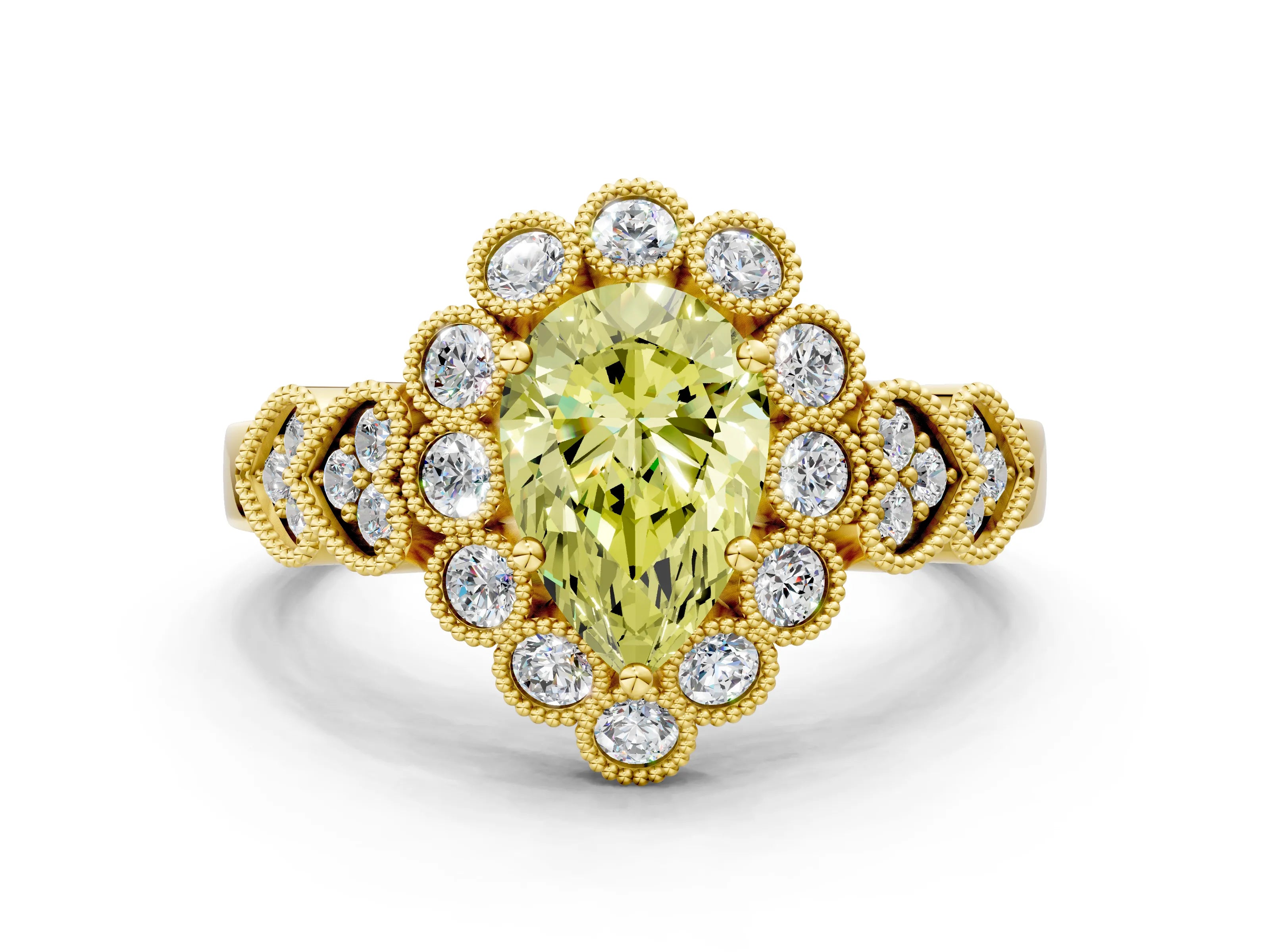 Yellow gold Fancy Yellow Pear Cut Brilliant Milgrain Pave Heart Band Solitaire Ring