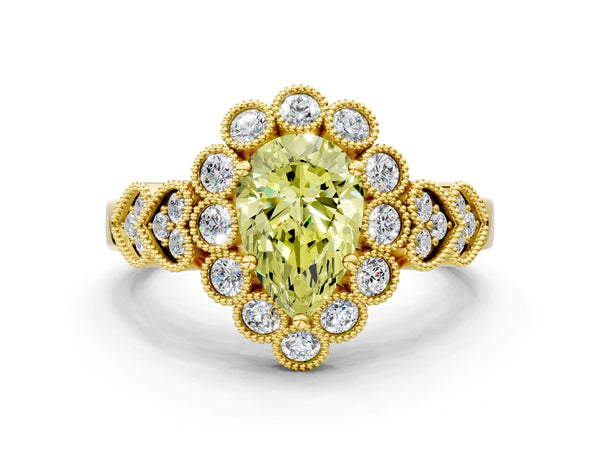 Yellow gold Fancy Yellow Pear Cut Brilliant Milgrain Pave Heart Band Solitaire Ring