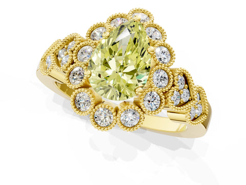 Yellow gold Fancy Yellow Pear Cut Brilliant Milgrain Pave Heart Band Solitaire Ring_1