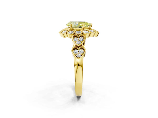 Yellow gold Fancy Yellow Pear Cut Brilliant Milgrain Pave Heart Band Solitaire Ring