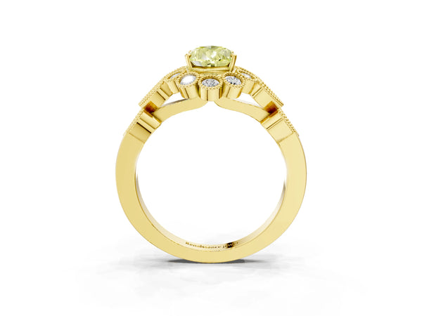 Yellow gold Fancy Yellow Pear Cut Brilliant Milgrain Pave Heart Band Solitaire Ring