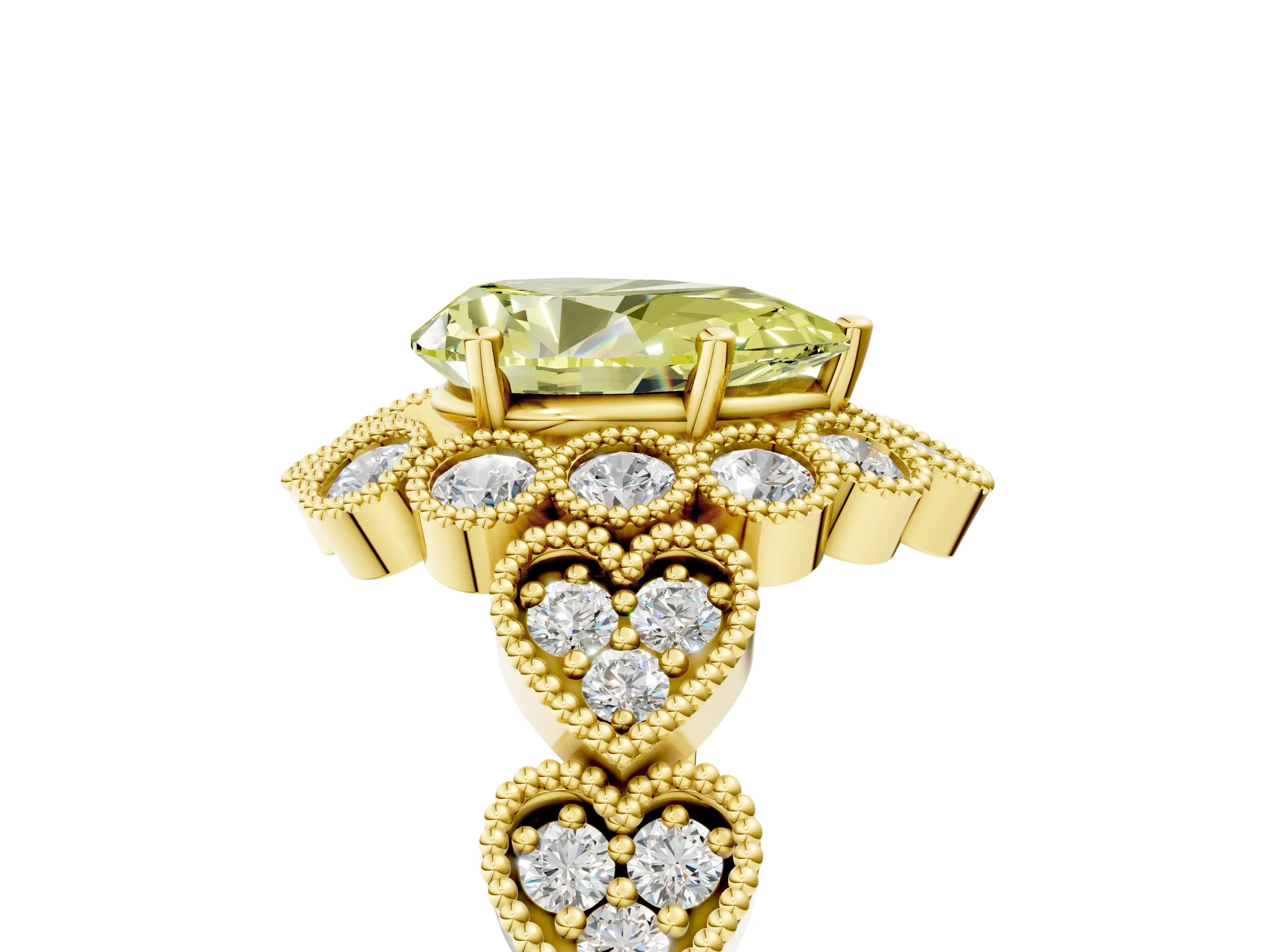 Yellow gold Fancy Yellow Pear Cut Brilliant Milgrain Pave Heart Band Solitaire Ring_5