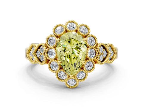 Yellow gold Fancy Yellow Pear Cut Brilliant Milgrain Pave Heart Band Solitaire Ring