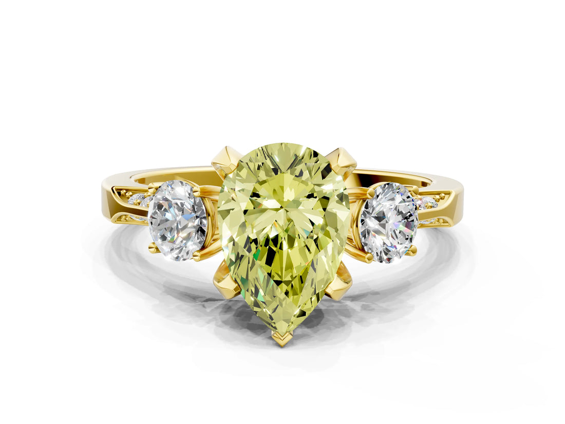 Yellow gold Fancy Yellow Pear Cut Brilliant Three-Stone Diamond Ring with Pavé Band and Four-Prong Setting_3
