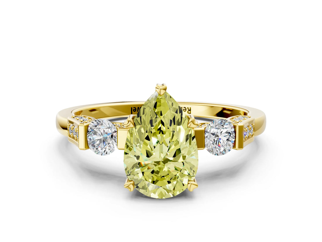 Yellow gold Fancy Yellow Pear Cut Brilliant Three-Stone Pave Band with Four-Prong Setting