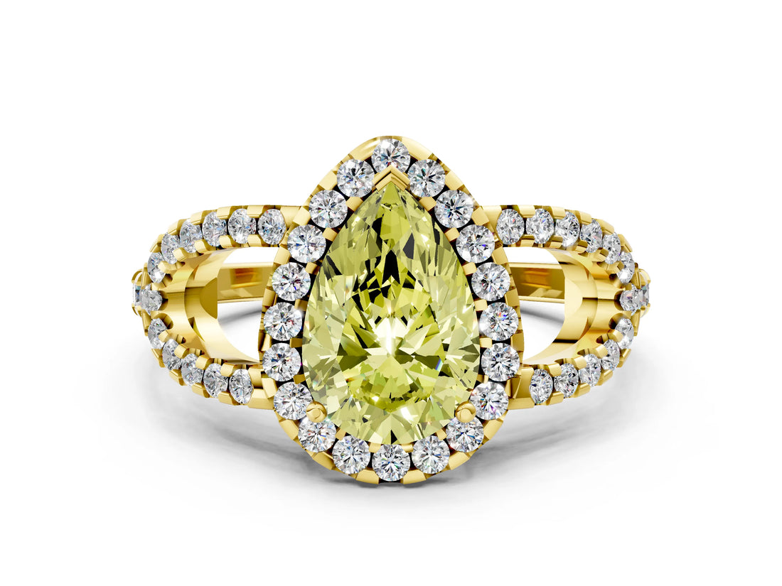 Yellow gold Fancy Yellow Pear Cut Cut Diamond Halo Engagement Ring with Open Split Pavé Band