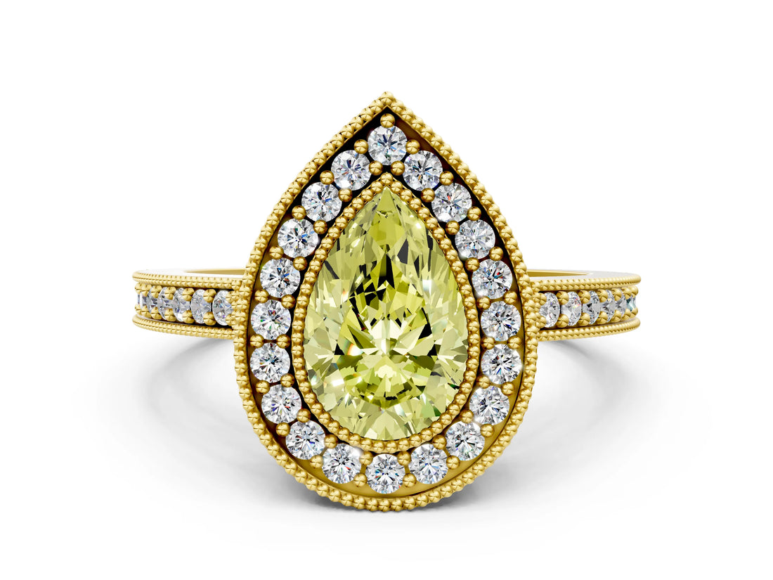 Yellow gold Fancy Yellow Pear Cut-Cut Diamond Halo Engagement Ring with Pave Band and Prong Setting