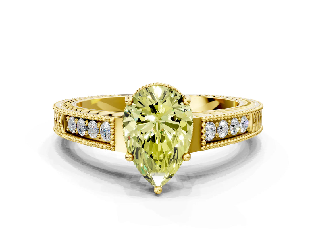 Yellow gold Fancy Yellow Pear Cut Cut Diamond Milgrain Pave Band Four-Prong Setting Ring_3