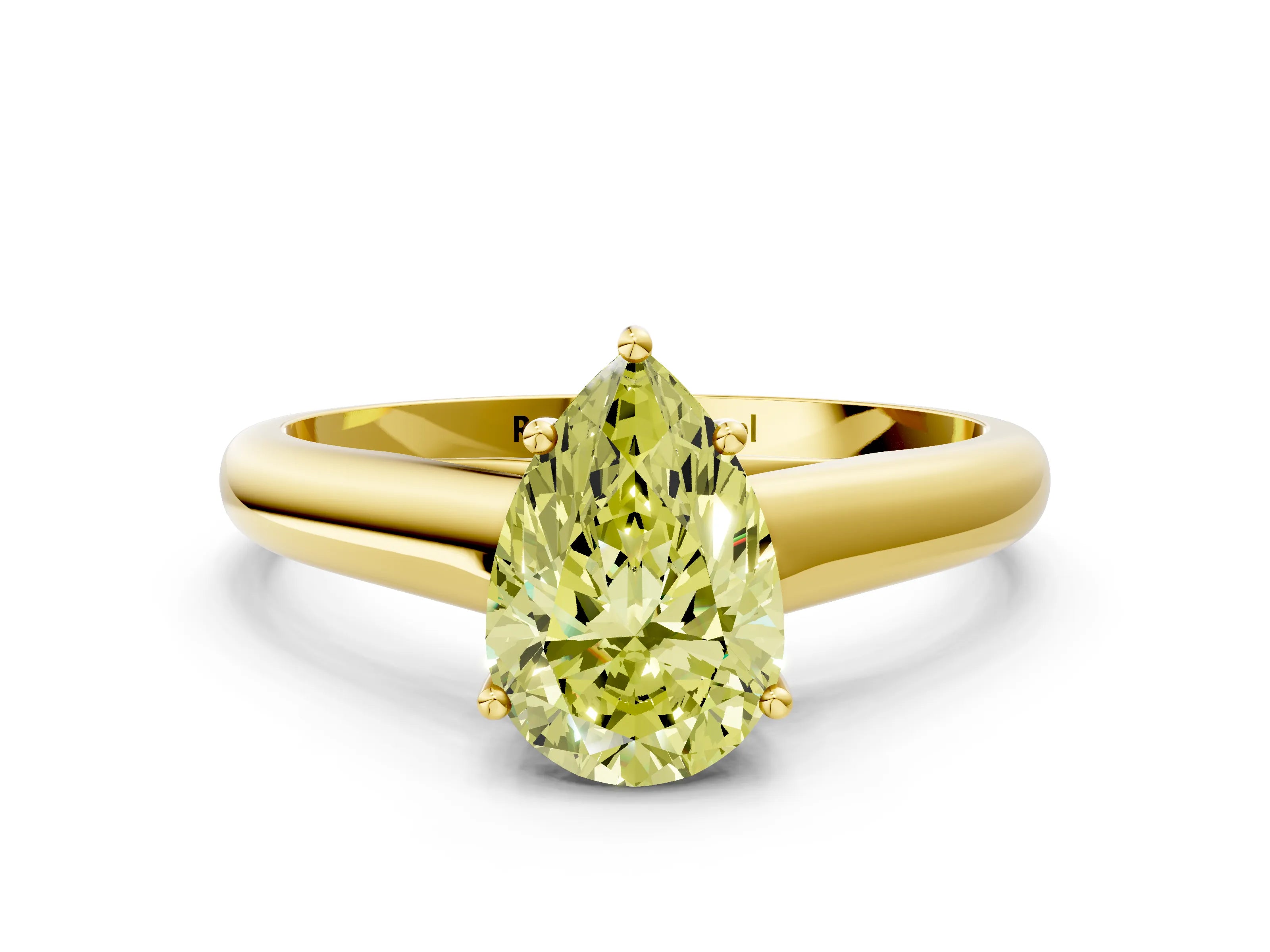 Yellow gold Fancy Yellow Pear Cut Cut Diamond Solitaire Engagement Ring with Tapered Plain Band and Four-Prong Setting