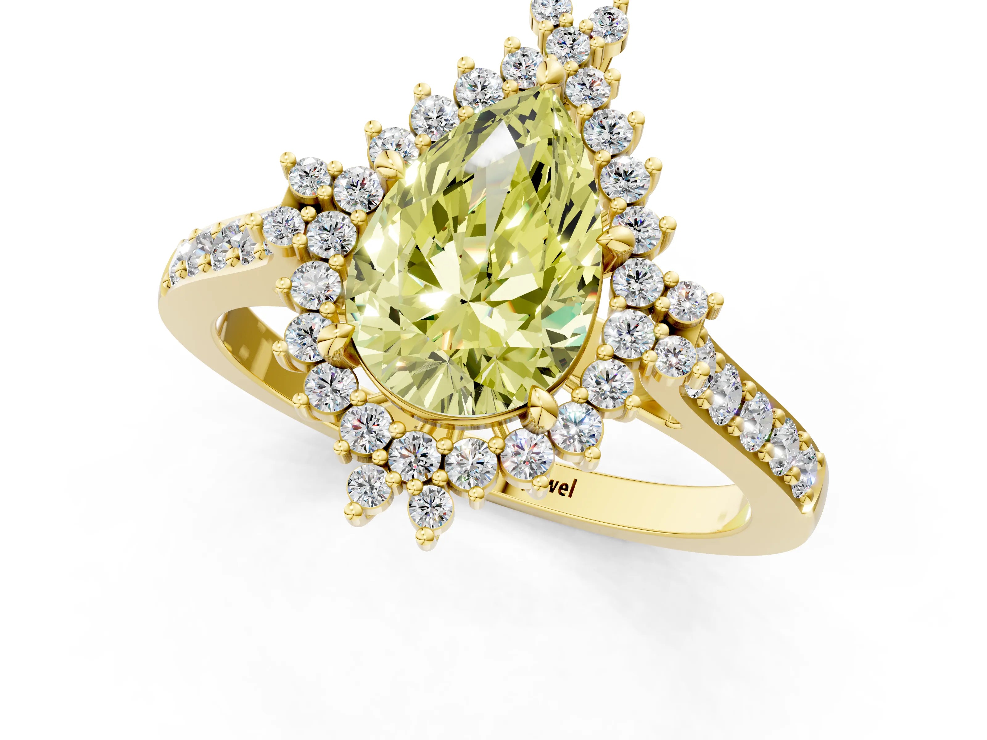 Yellow gold Fancy Yellow Pear Cut Cut Diamond Sunburst Halo Engagement Ring with Pavé Band_1