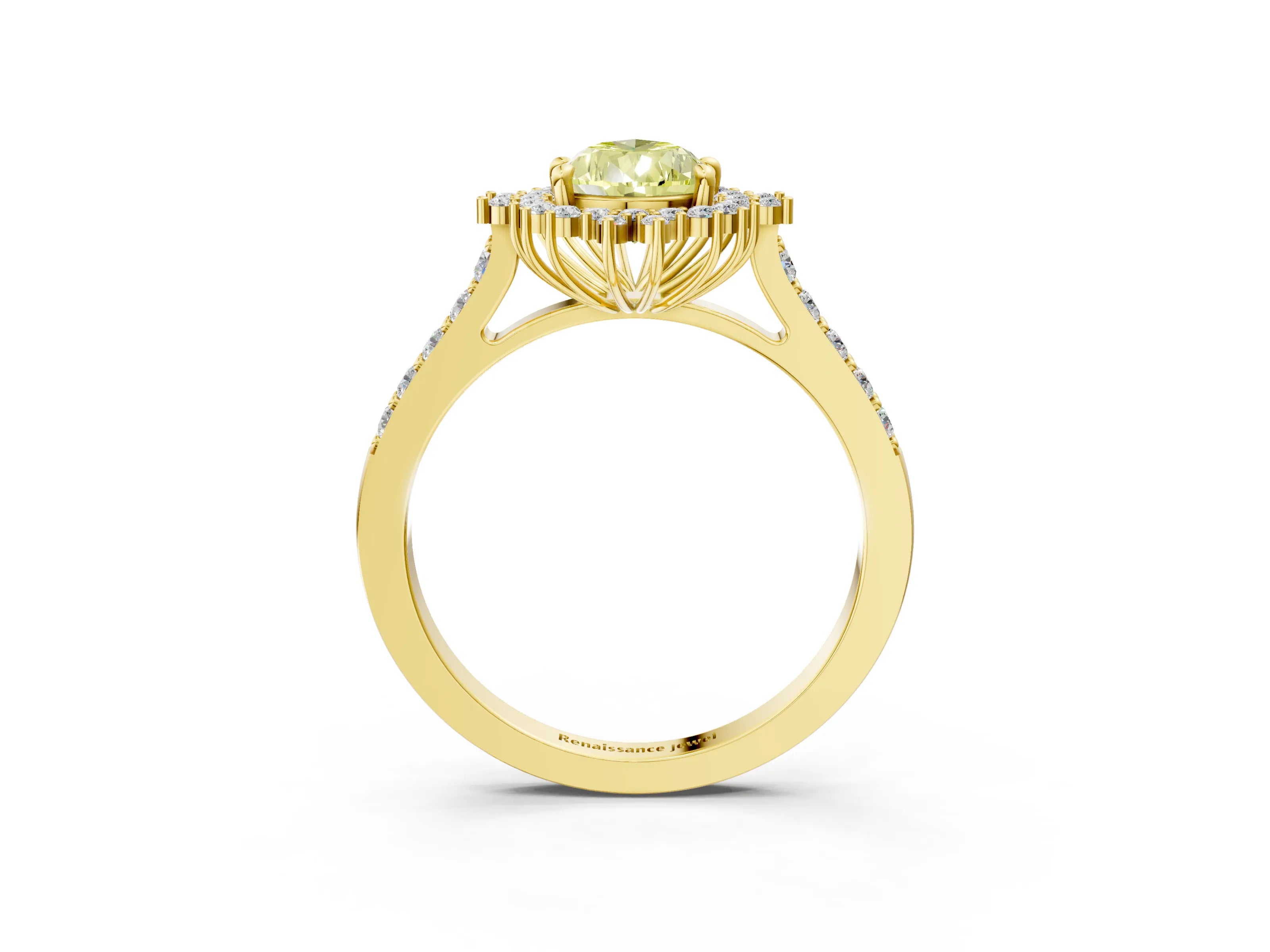 Yellow gold Fancy Yellow Pear Cut Cut Diamond Sunburst Halo Engagement Ring with Pavé Band_3