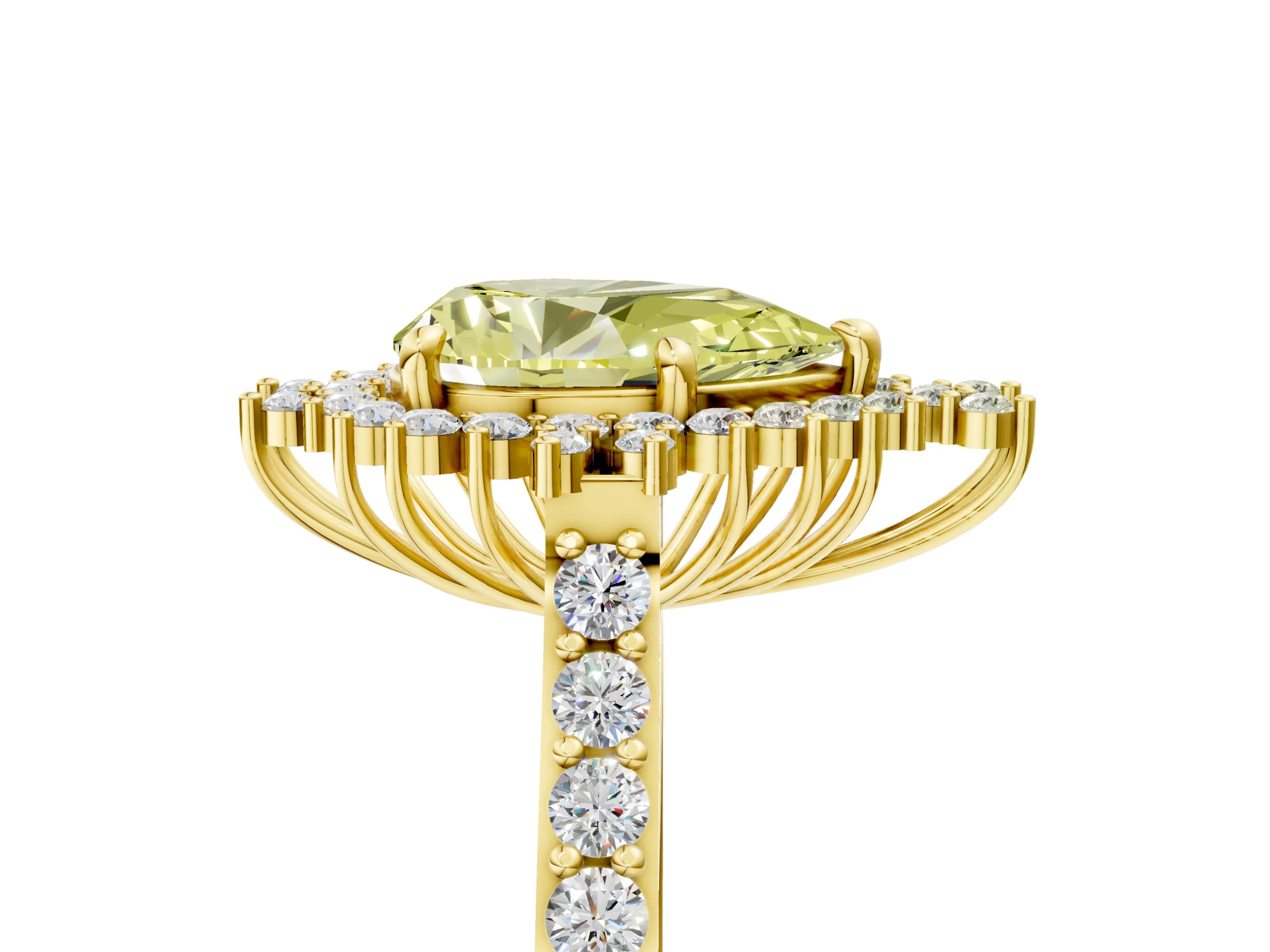 Yellow gold Fancy Yellow Pear Cut Cut Diamond Sunburst Halo Engagement Ring with Pavé Band_5