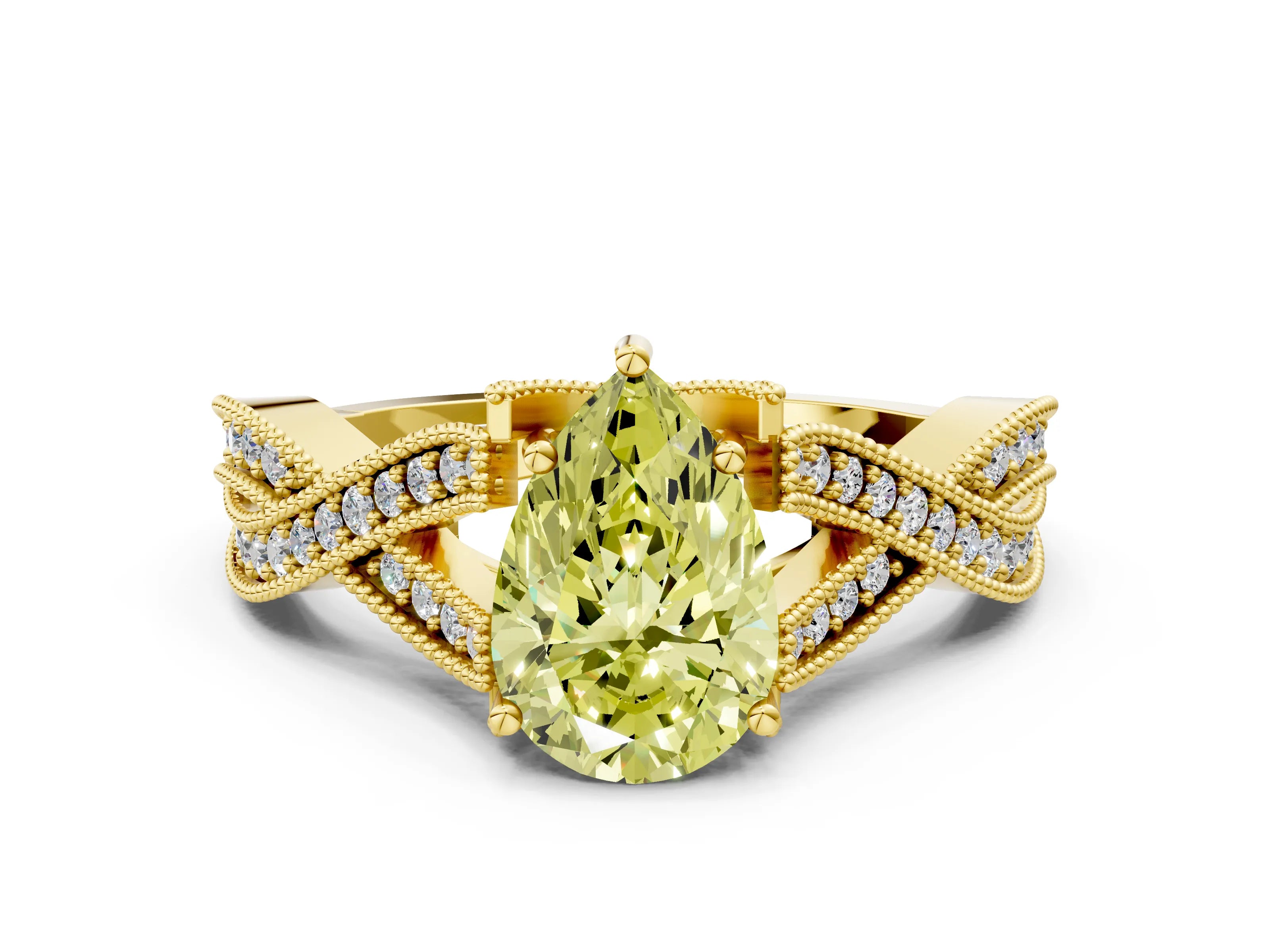 Yellow gold Fancy Yellow Pear Cut Cut Diamond Twisted Band with Milgrain Pave Setting and Four-Prong Setting
