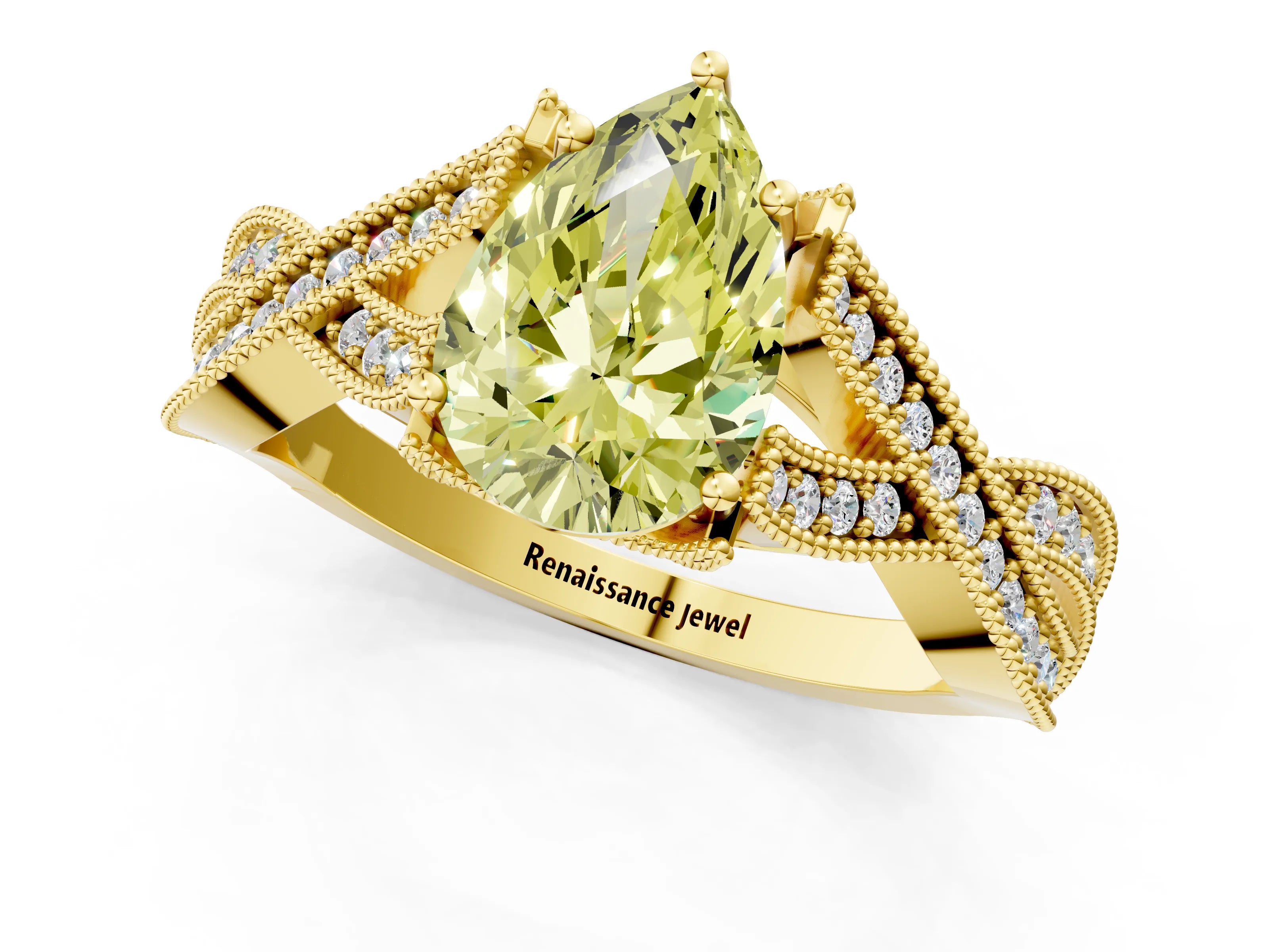 Yellow gold Fancy Yellow Pear Cut Cut Diamond Twisted Band with Milgrain Pave Setting and Four-Prong Setting_1