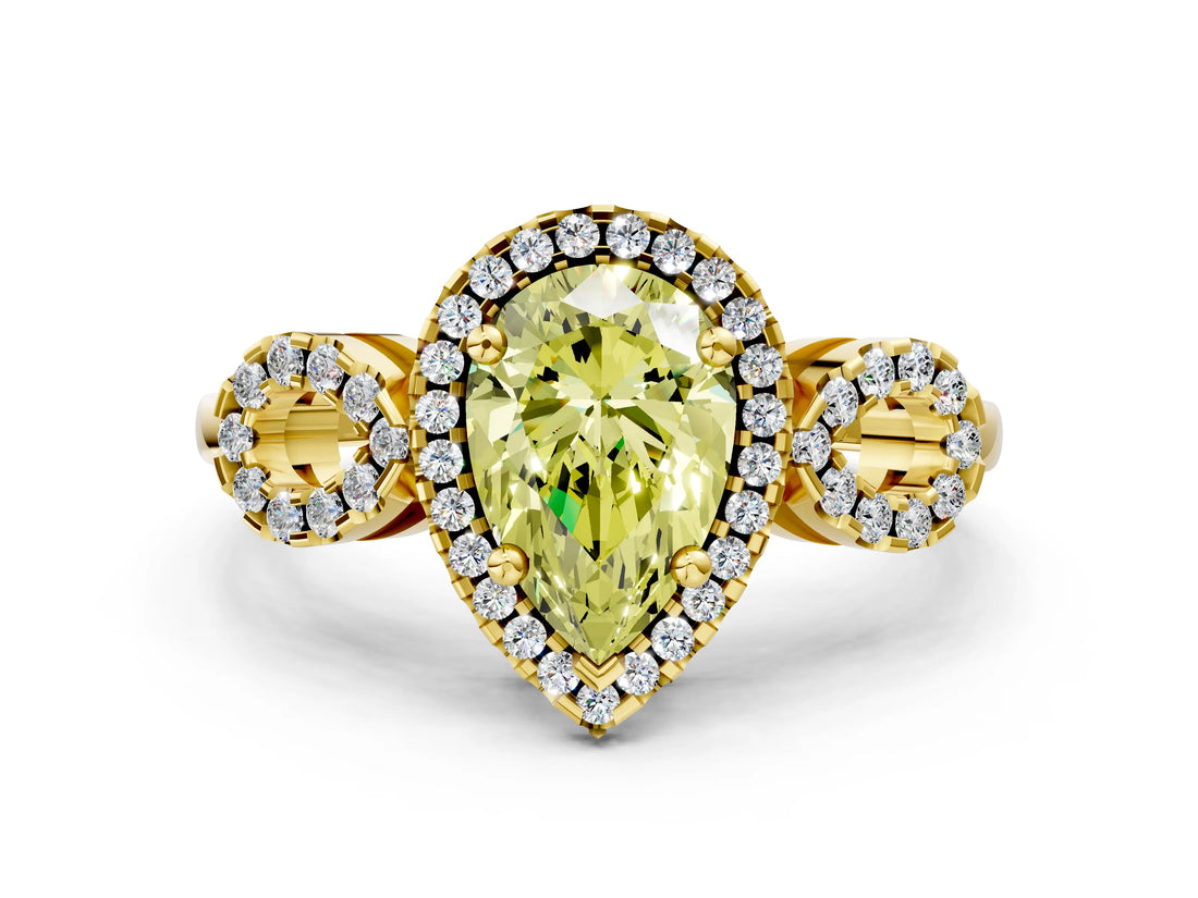 Yellow gold Fancy Yellow Pear Cut Cut Halo Diamond Infinity Band with Four-Prong Setting