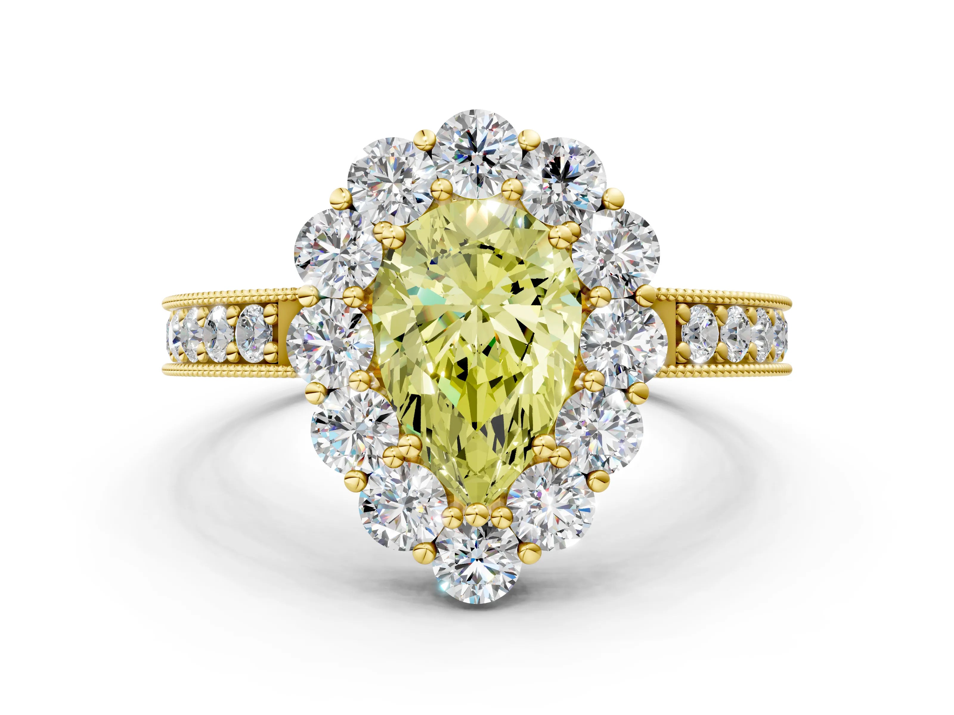 Yellow gold Fancy Yellow Pear Cut Cut Halo Diamond Pavé Engagement Ring with Milgrain Detailing
