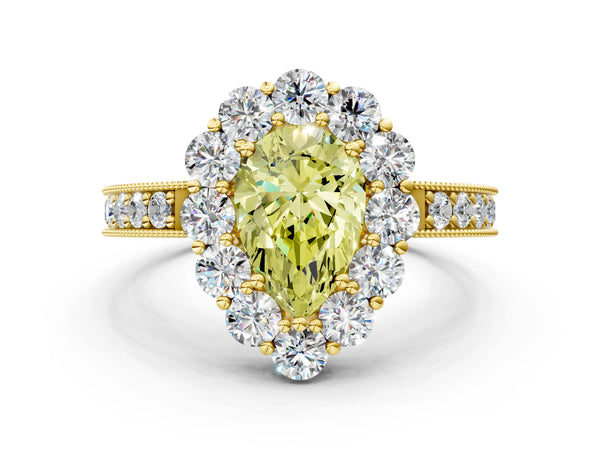 Yellow gold Fancy Yellow Pear Cut Cut Halo Diamond Pavé Engagement Ring with Milgrain Detailing