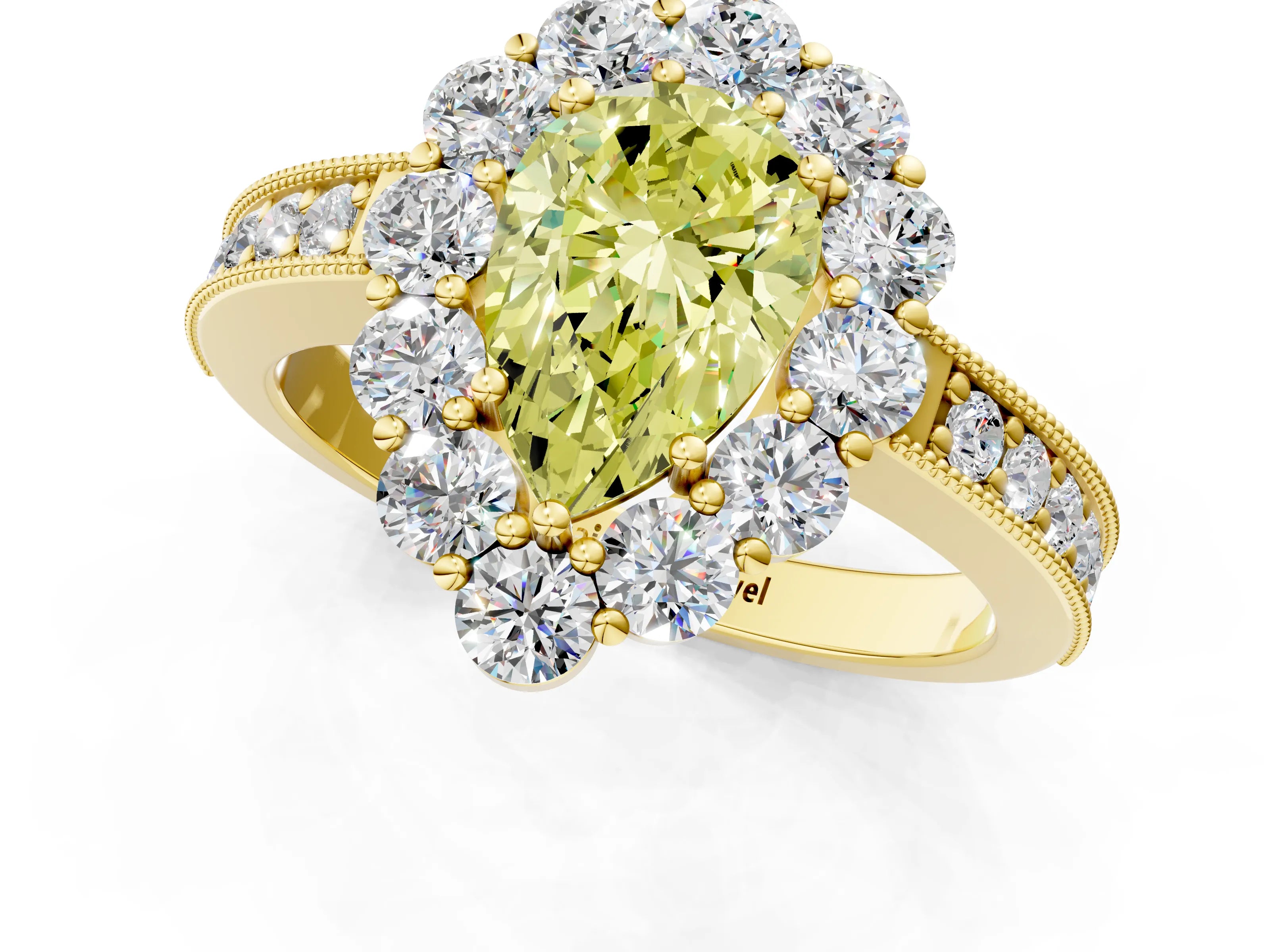 Yellow gold Fancy Yellow Pear Cut Cut Halo Diamond Pavé Engagement Ring with Milgrain Detailing_1