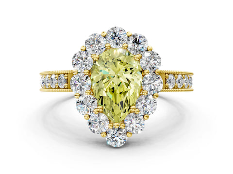 Yellow gold Fancy Yellow Pear Cut Cut Halo Diamond Pavé Engagement Ring with Milgrain Detailing