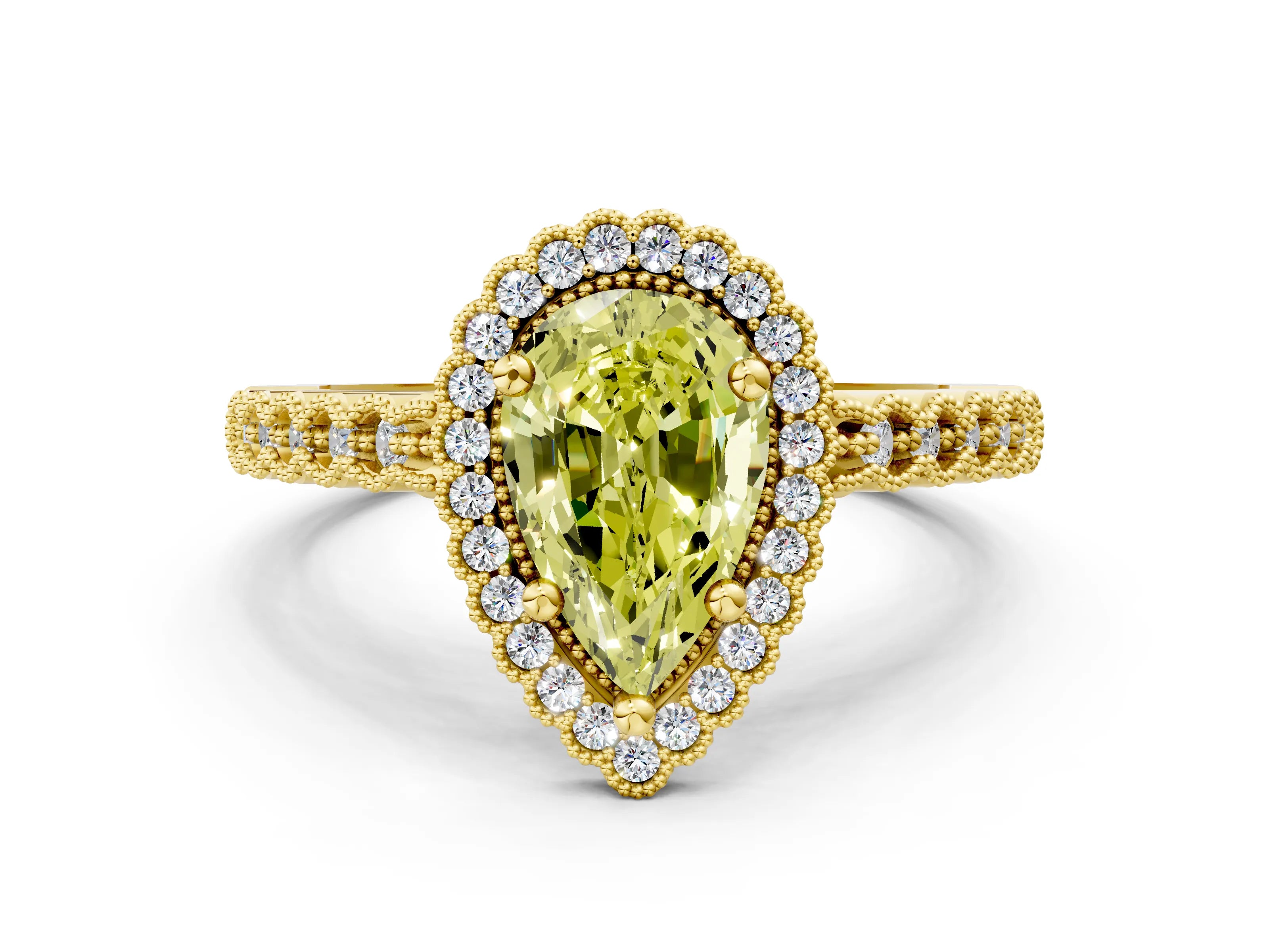 Yellow gold Fancy Yellow Pear Cut Cut Halo Pavé Solitaire Ring with Milgrain Band