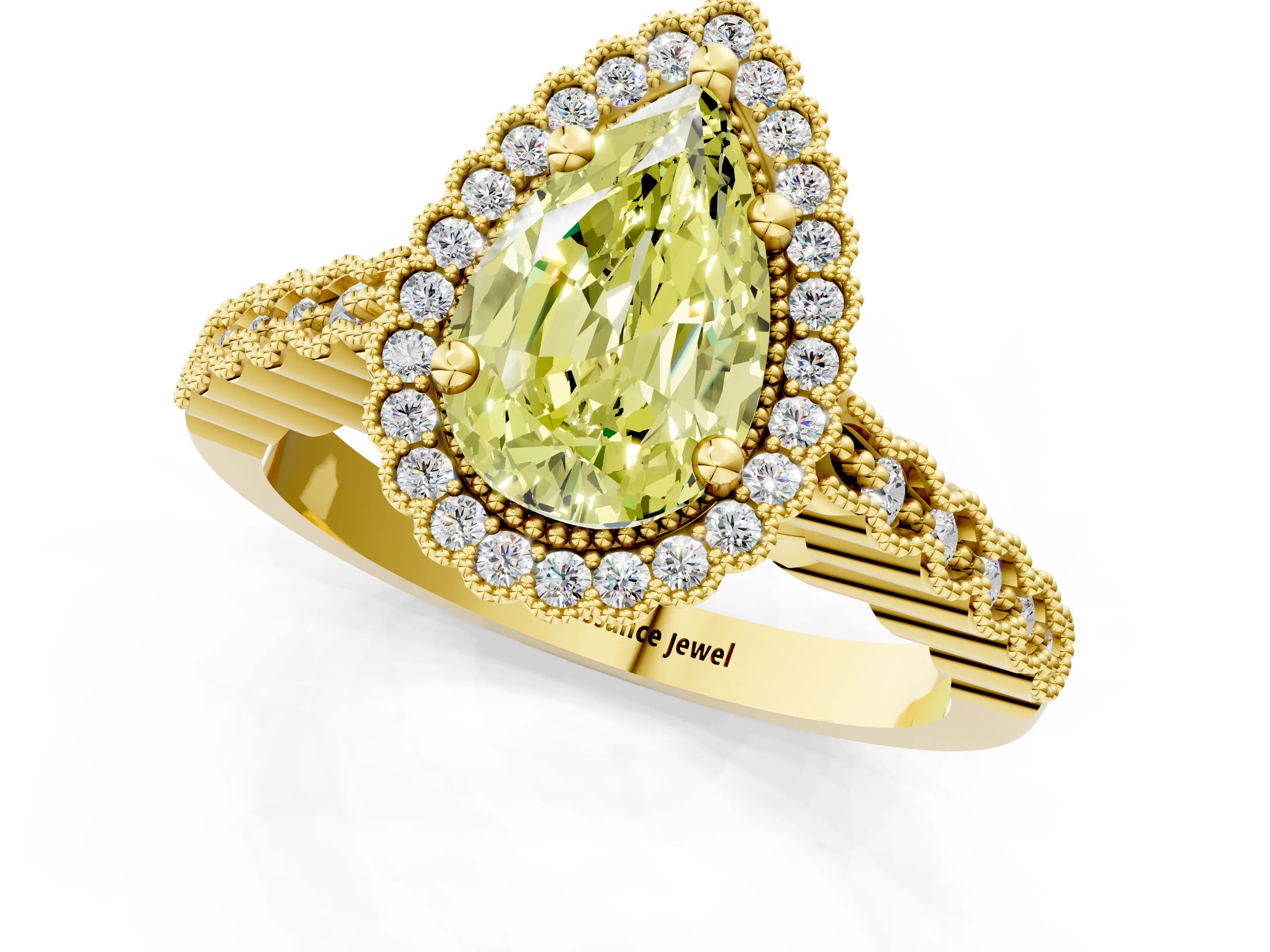 Yellow gold Fancy Yellow Pear Cut Cut Halo Pavé Solitaire Ring with Milgrain Band_1