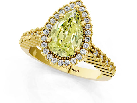 Yellow gold Fancy Yellow Pear Cut Cut Halo Pavé Solitaire Ring with Milgrain Band_1