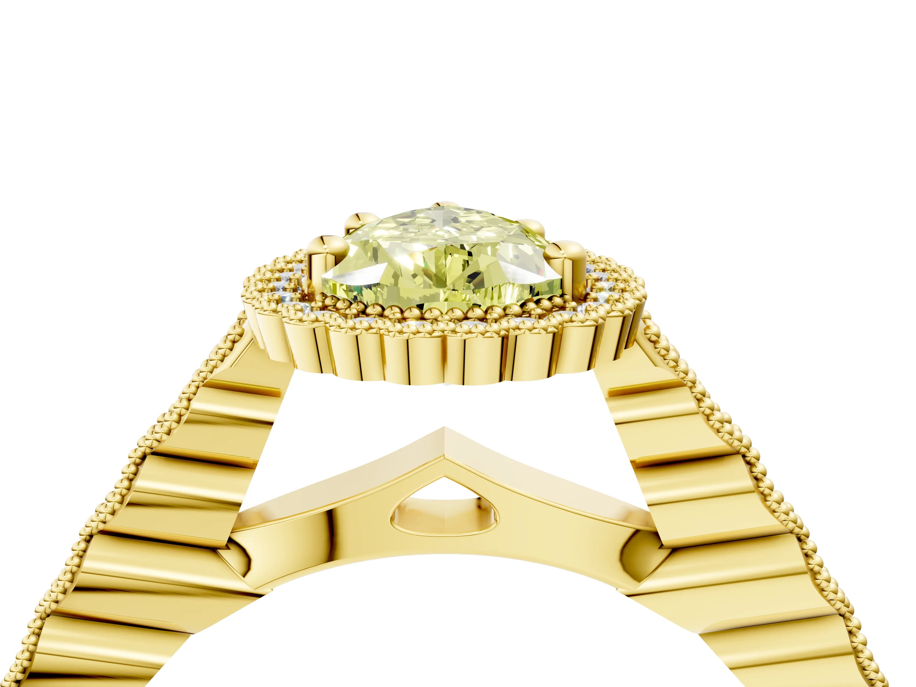 Yellow gold Fancy Yellow Pear Cut Cut Halo Pavé Solitaire Ring with Milgrain Band_4