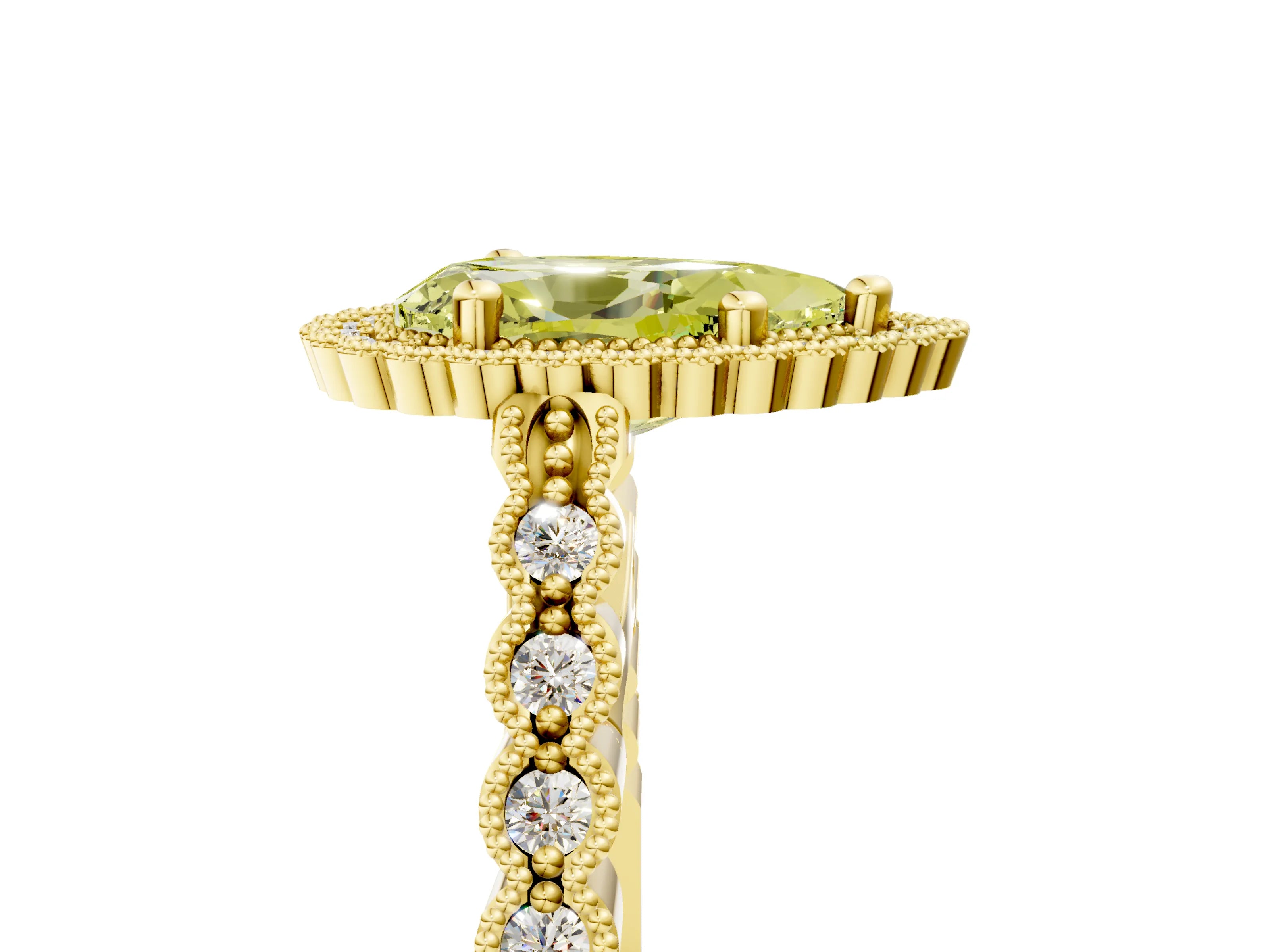 Yellow gold Fancy Yellow Pear Cut Cut Halo Pavé Solitaire Ring with Milgrain Band_5