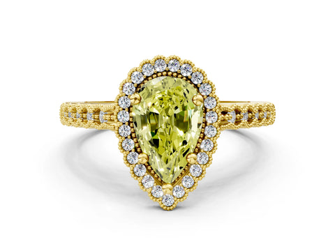 Yellow gold Fancy Yellow Pear Cut Cut Halo Pavé Solitaire Ring with Milgrain Band