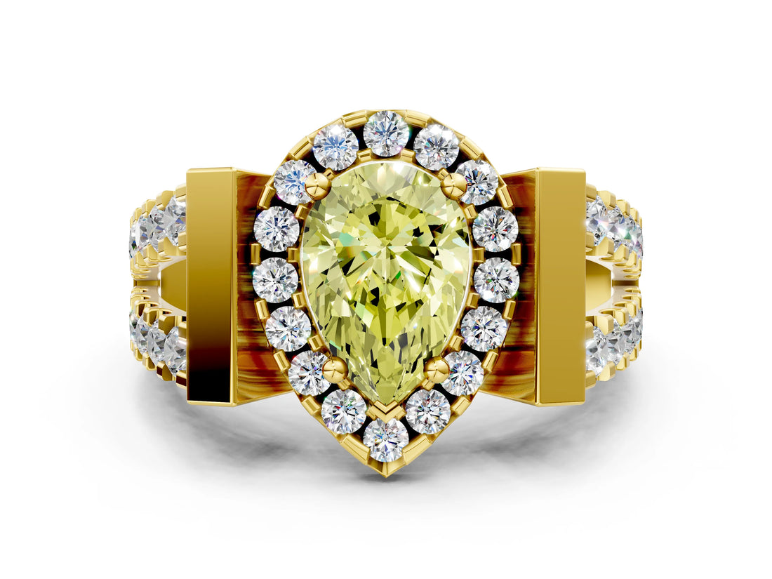 Yellow gold Fancy Yellow Pear Cut Cut Halo Split Shank Prong Set Ring
