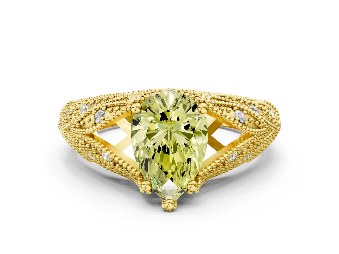 Yellow gold Fancy Yellow Pear Cut Cut Milgrain Pave Diamond Engagement Ring with Four-Prong Setting_3
