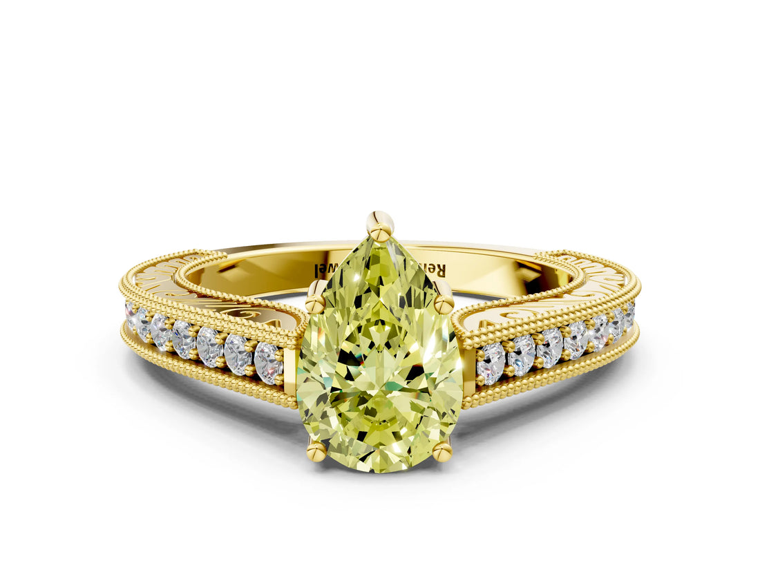 Yellow gold Fancy Yellow Pear Cut Cut Pave Band Milgrain Solitaire Ring