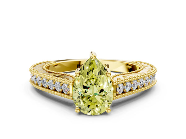 Yellow gold Fancy Yellow Pear Cut Cut Pave Band Milgrain Solitaire Ring