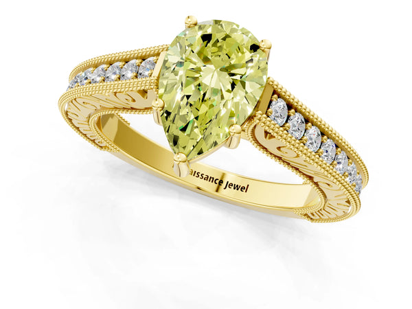 Yellow gold Fancy Yellow Pear Cut Cut Pave Band Milgrain Solitaire Ring