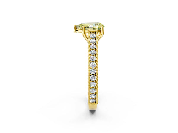 Yellow gold Fancy Yellow Pear Cut Cut Pave Band Milgrain Solitaire Ring