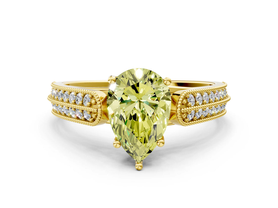 Yellow gold Fancy Yellow Pear Cut Cut Pave Split Shank Engagement Ring with Four-Prong Setting