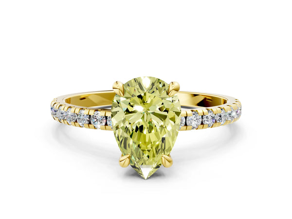 Yellow gold Fancy Yellow Pear Cut Diamond Brilliant Solitaire Ring with Pavé Band and Four-Prong Setting