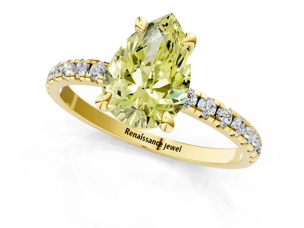 Yellow gold Fancy Yellow Pear Cut Diamond Brilliant Solitaire Ring with Pavé Band and Four-Prong Setting
