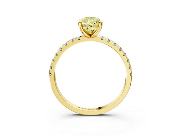 Yellow gold Fancy Yellow Pear Cut Diamond Brilliant Solitaire Ring with Pavé Band and Four-Prong Setting