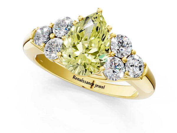 Yellow gold Fancy Yellow Pear  Cut Diamond Cluster Ring with Round Accent Stones and Prong Setting on a Classic Band
