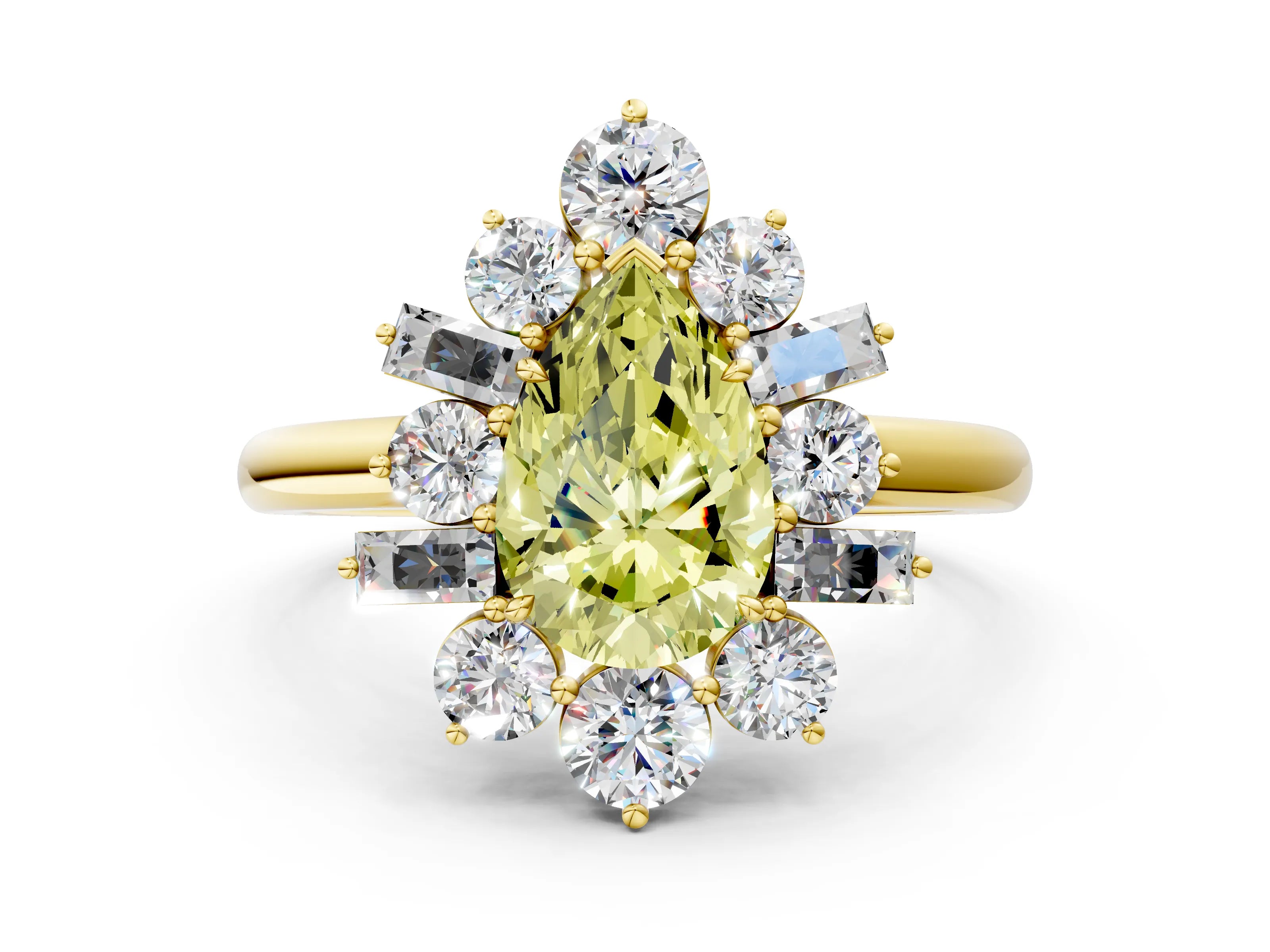 Yellow gold Fancy Yellow Pear Cut Diamond Cluster Ring with Round and Baguette Stones, Split Shank Band, Prong Setting