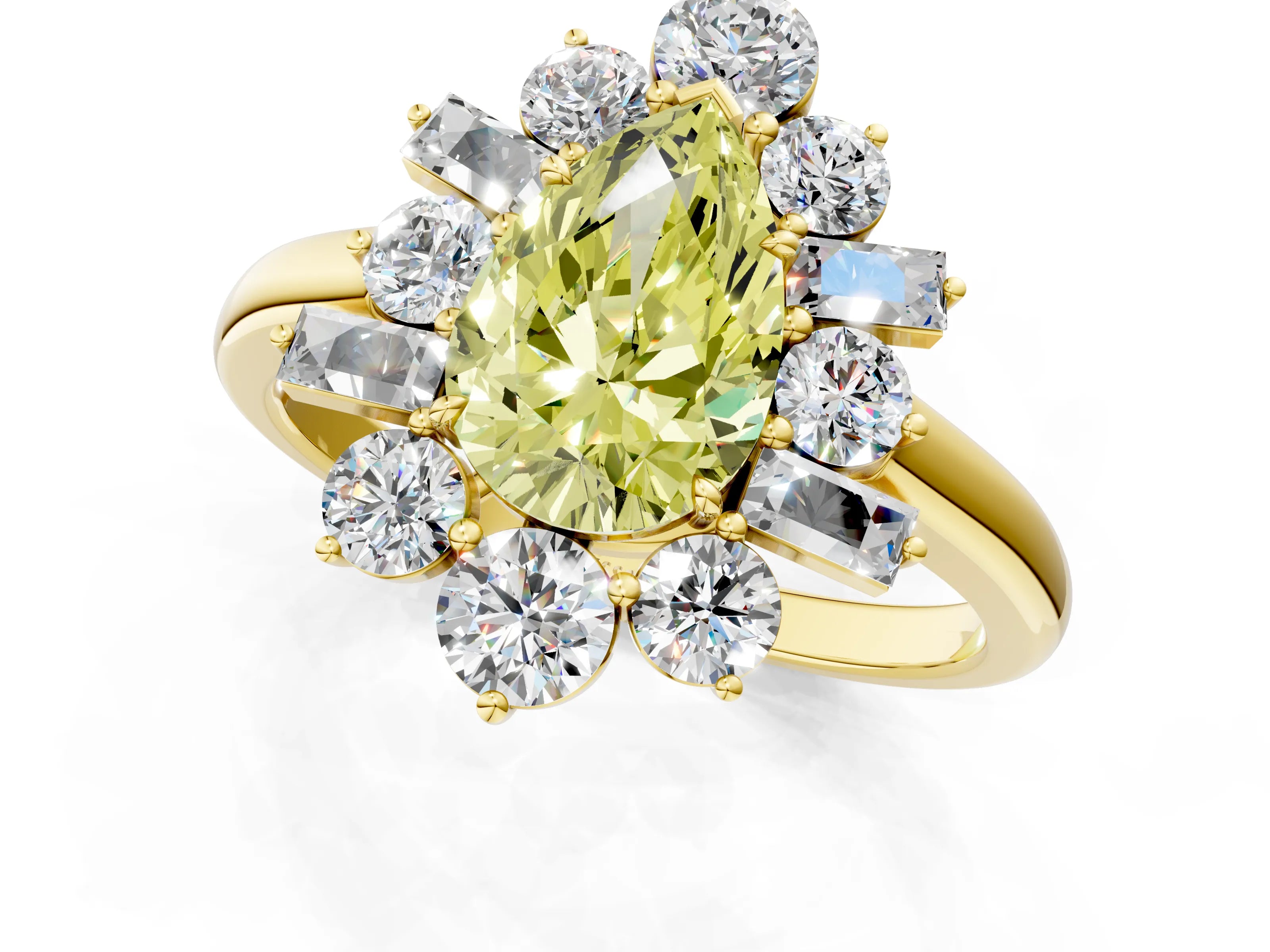 Yellow gold Fancy Yellow Pear Cut Diamond Cluster Ring with Round and Baguette Stones, Split Shank Band, Prong Setting_1