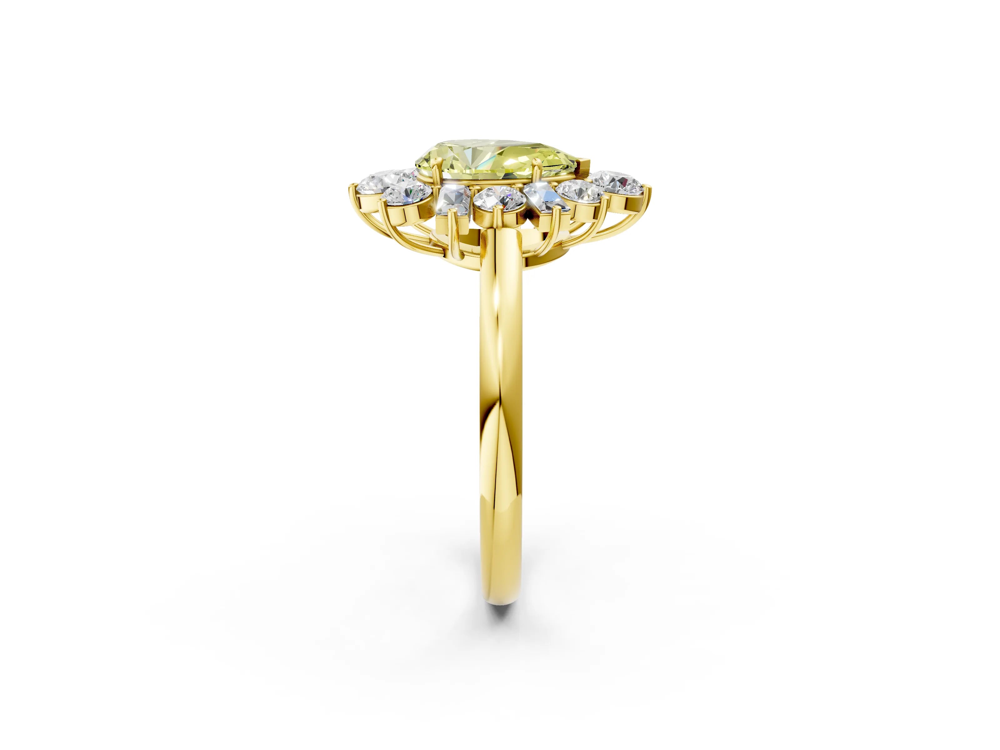Yellow gold Fancy Yellow Pear Cut Diamond Cluster Ring with Round and Baguette Stones, Split Shank Band, Prong Setting_2